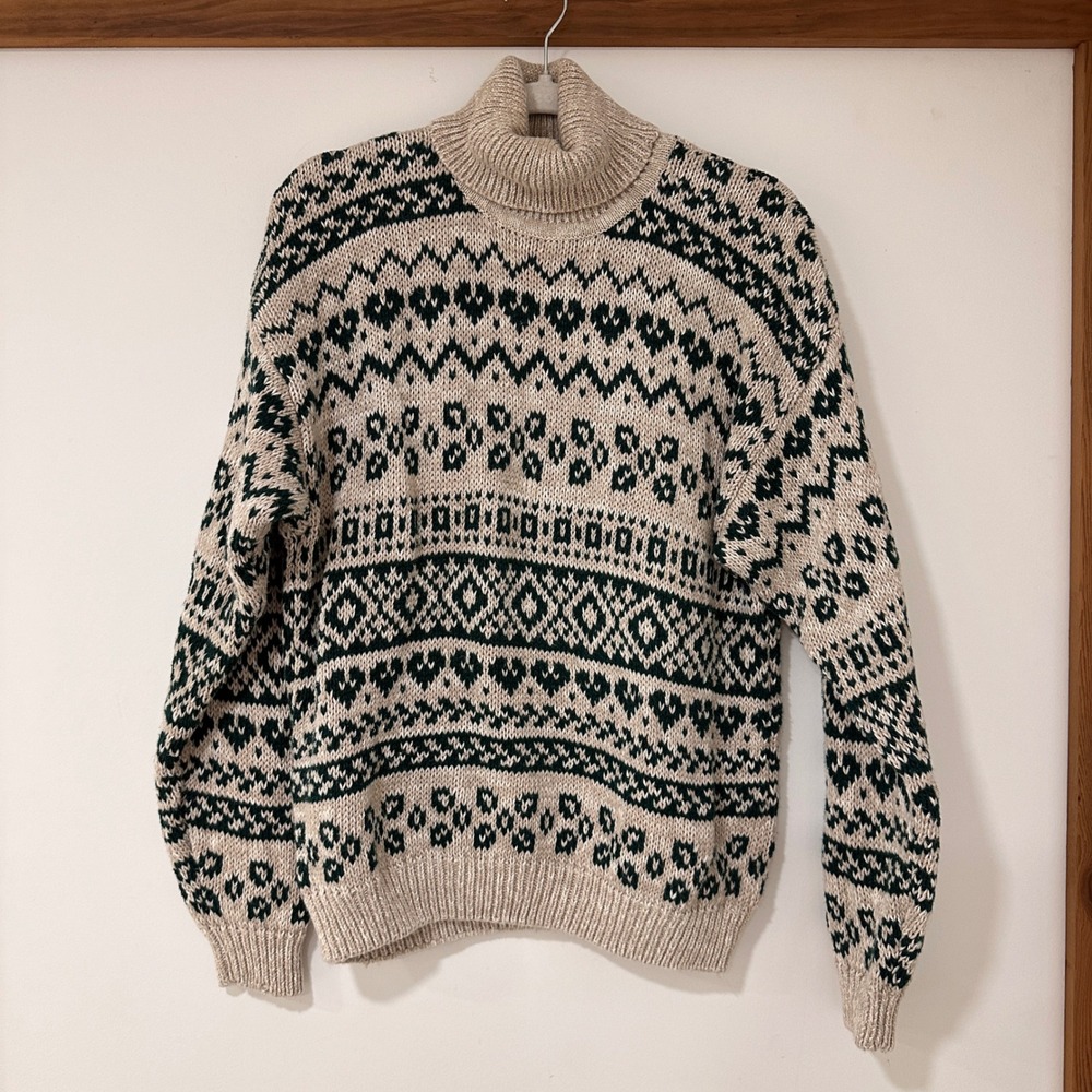 Paris Sport Club Fair Isle Turtleneck Sweater Mens L Green Beige Knit | Heritage